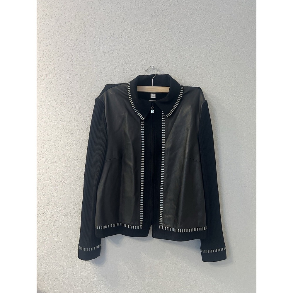 St. John Collection Lamb Leather Knit Combo Zip Front Jacket